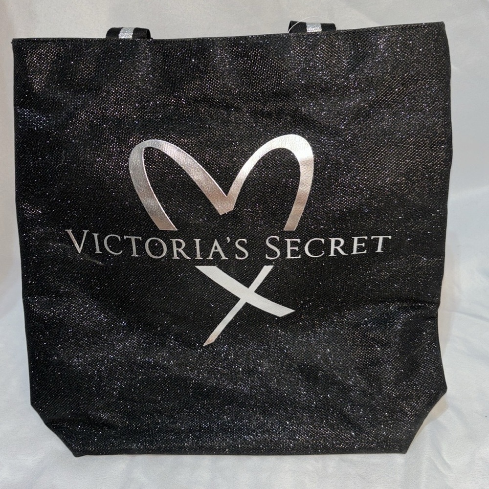 Victoria’s Secret Black Shimmer Silver Heart Logo Tote Bag